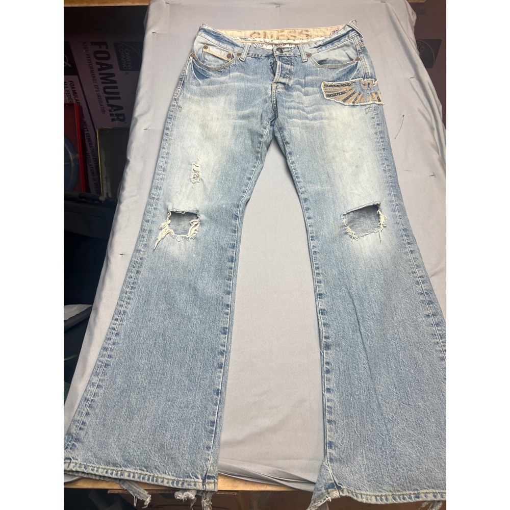Guess Premium Denim Mens 33x32 Light Wash Distressed Flared Jeans MW7872